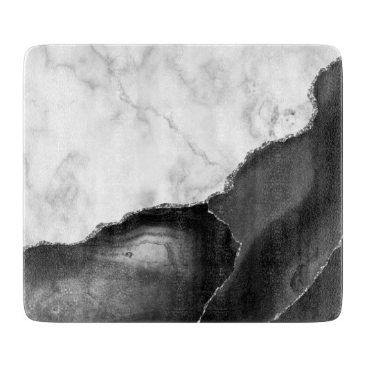 Planche À Découper Marbre Blanc Agate Noire Paillettes Argentées (Devant)