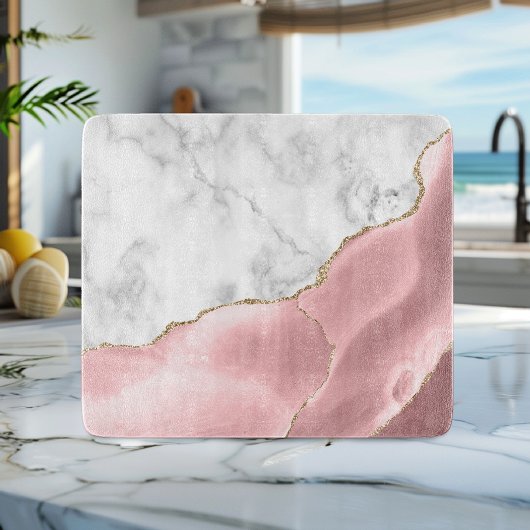 Planche À Découper Marbre blanc Agate rose paillettes dorées