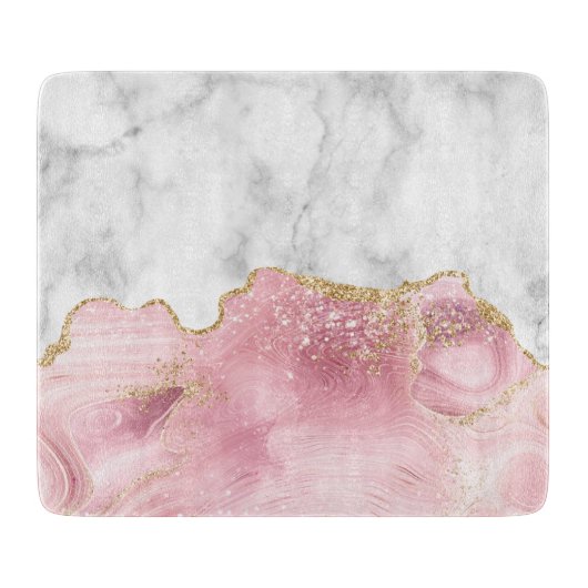 Planche À Découper Marbre blanc Agate rose pastel Paillettes dorées (Devant)