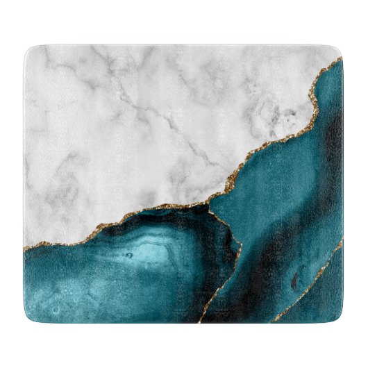 Planche À Découper Marbre blanc Agate sarcelle bleu doré (Devant)
