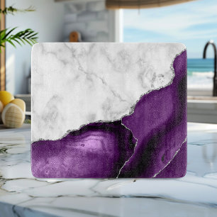 Planche À Découper Marbre Blanc Agate Violette Paillettes Argentées