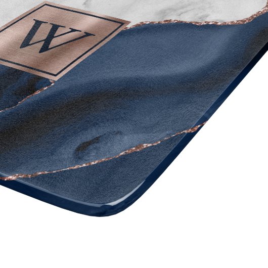 Planche À Découper Marbre blanc Rose Gold Marine Blue Agate Monogramm (Coin)