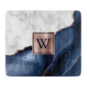 Planche À Découper Marbre blanc Rose Gold Marine Blue Agate Monogramm