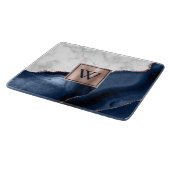 Planche À Découper Marbre blanc Rose Gold Marine Blue Agate Monogramm (Coin)