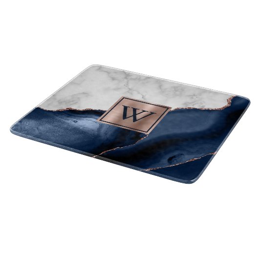 Planche À Découper Marbre blanc Rose Gold Marine Blue Agate Monogramm (Coin)