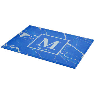 Planche À Découper Marbre bleu saphir avec monogramme à veines blanch