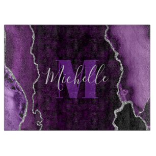 Planche À Découper Marbre d'agate Monogramme Paillettes Violet et Arg