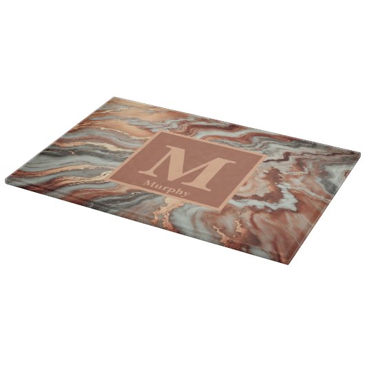 Planche À Découper Marbre de cuivre avec monogramme à veines blanches (Coin)