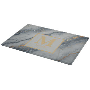 Planche À Découper Marbre gris avec des lunettes d'or subtiles Monogr