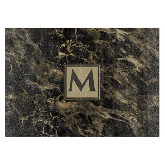 Planche À Découper Marbre noir et or de luxe | Monogramme (Devant)