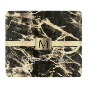 Planche À Découper Marbre Noir & Or, Bande Or, Nom & Monogramme
