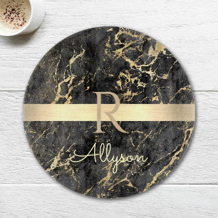 Planche À Découper Marbre Noir & Or, Barre Or, Nom & Monogramme DIY
