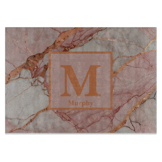 Planche À Découper Marbre rose avec Accents or Rose Monogramme (Devant)