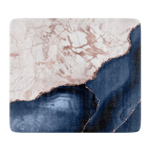 Planche À Découper Marbre Rose Gold et Agate Bleu Marine (Devant)