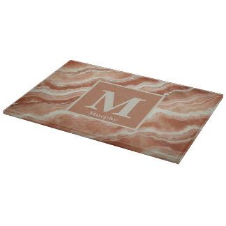 Planche À Découper Marbre Terracotta avec Monogramme à Stries Crème