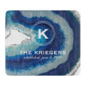 Planche À Découper Mariage bleu de monogramme d'agate (Devant)