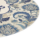 Planche À Découper Mariage Fleuris Damassé Bleu et Crème Monogramme (Coin)