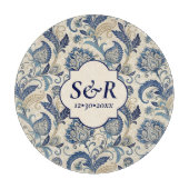 Planche À Découper Mariage Fleuris Damassé Bleu et Crème Monogramme (Devant)