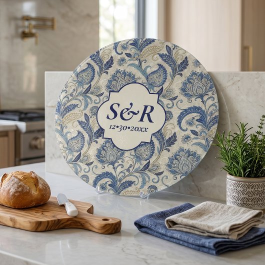 Planche À Découper Mariage Fleuris Damassé Bleu et Crème Monogramme