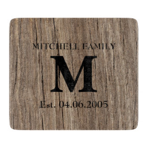 Planche À Découper Mariage monogramme faux bois famille initiale rust