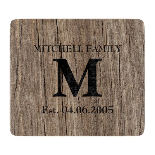 Planche À Découper Mariage monogramme faux bois famille initiale rust (Devant)