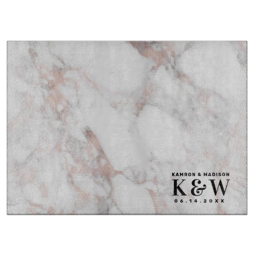 Planche À Découper Mariage Thème Rose-Gold Faux Marble (Devant)