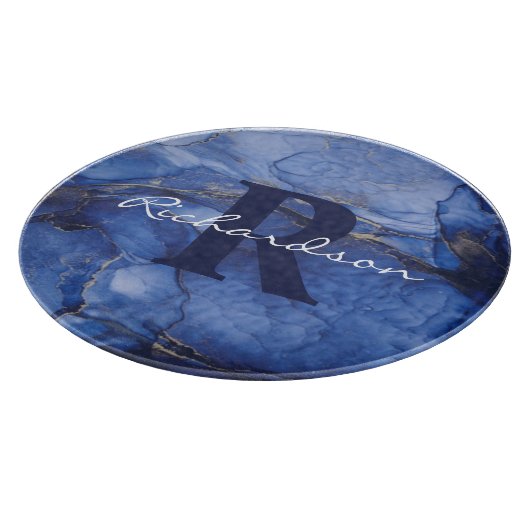 Planche À Découper Marine Agate Monogramme et nom Marble Luxe (Coin)
