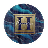 Planche À Découper Marine Blue Agate Marbre Gold Nom et Monogramme (Devant)