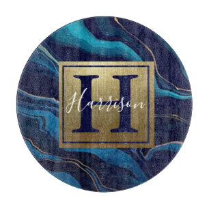 Planche À Découper Marine Blue Agate Marbre Gold Nom et Monogramme