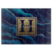 Planche À Découper Marine Blue Agate Marbre Gold Nom et Monogramme (Devant)