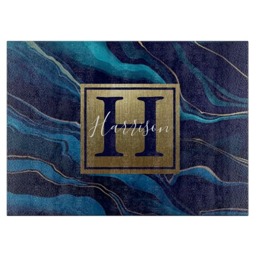Planche À Découper Marine Blue Agate Marbre Gold Nom et Monogramme (Devant)
