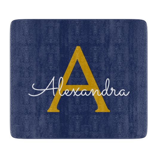 Planche À Découper Marine Blue Gold Modern Script Girl Monogramme Nom (Devant)