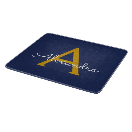 Planche À Découper Marine Blue Gold Modern Script Girl Monogramme Nom (Coin)