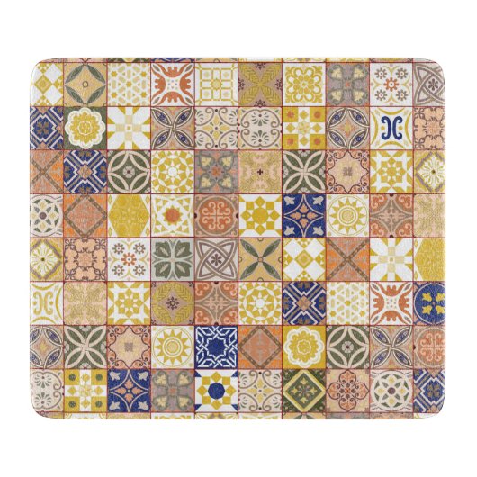 Planche À Découper Marocain carrelage jaune et bleu (Devant)