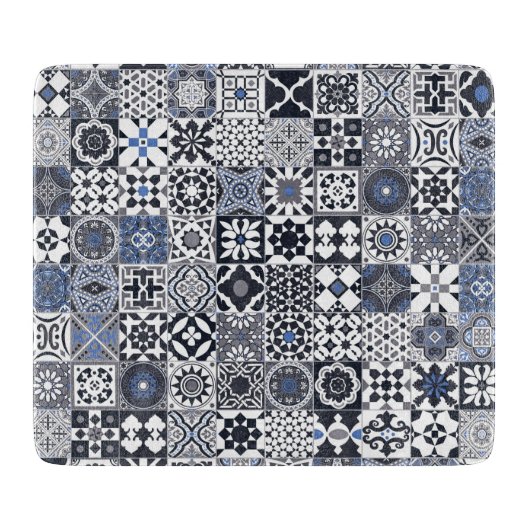 Planche À Découper Marocain carrelage noir, bleu, gris (Devant)