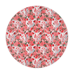 Planche À Découper Masques Kitsune et camélia fleurie sur rose