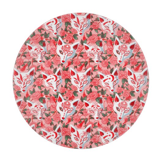 Planche À Découper Masques Kitsune et camélia fleurie sur rose (Devant)