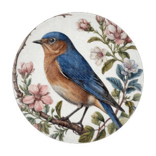 Planche À Découper Merlebleu perché parmi les fleurs épanouies
