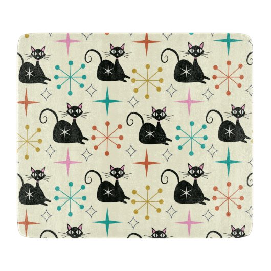 Planche À Découper Mid Century Atomic Cat with Starbursts (Devant)