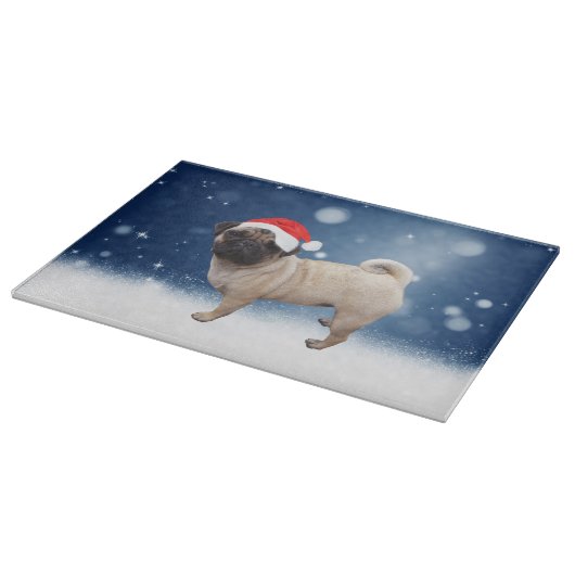 Planche À Découper Mignonne chien Carlin Noël Père Noël Chapeau Neige (Coin)