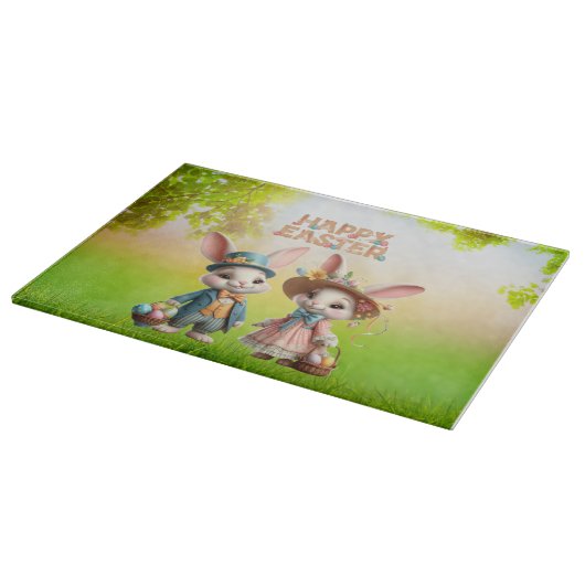 Planche À Découper Mignonne, Whimsical Joyeuse Pâques avec 2 lapins (Coin)