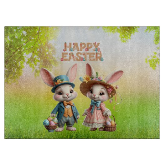 Planche À Découper Mignonne, Whimsical Joyeuse Pâques avec 2 lapins (Devant)