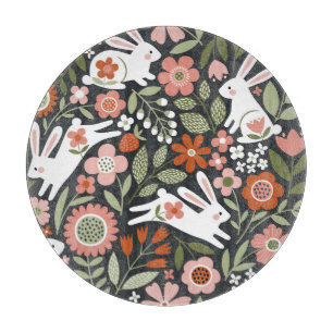 Planche À Découper Mignons lapins blancs, motif vintage fleuri.