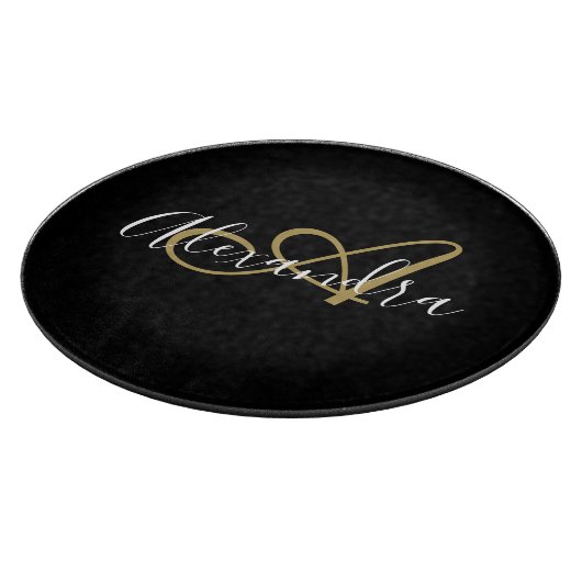 Planche À Découper Monogram Black Gold Elegant Nom de script Chef (Coin)