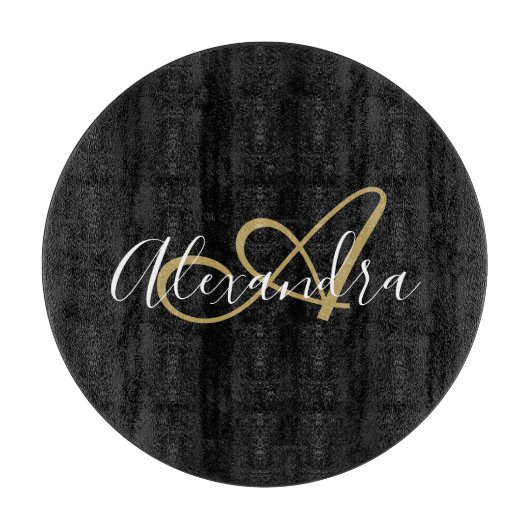 Planche À Découper Monogram Black Gold Elegant Nom de script Chef (Devant)