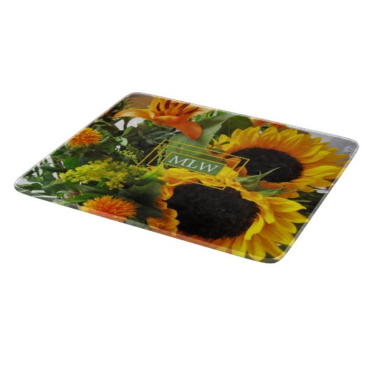Planche À Découper Monogramme, Beaux Tournesols Imprimer Verre (Coin)