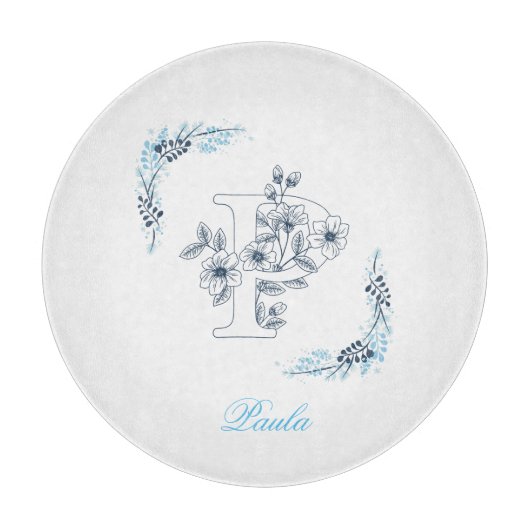 Planche À Découper Monogramme bleu "P" floral calme initial (Devant)