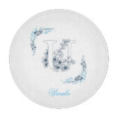 Planche À Découper Monogramme bleu "U" initial Floral calme (Devant)