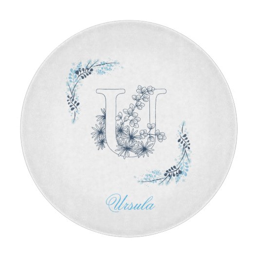 Planche À Découper Monogramme bleu "U" initial Floral calme (Devant)