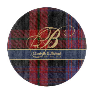 Planche À Découper Monogramme BROWN Tartan bleu rouge Mariage des jeu